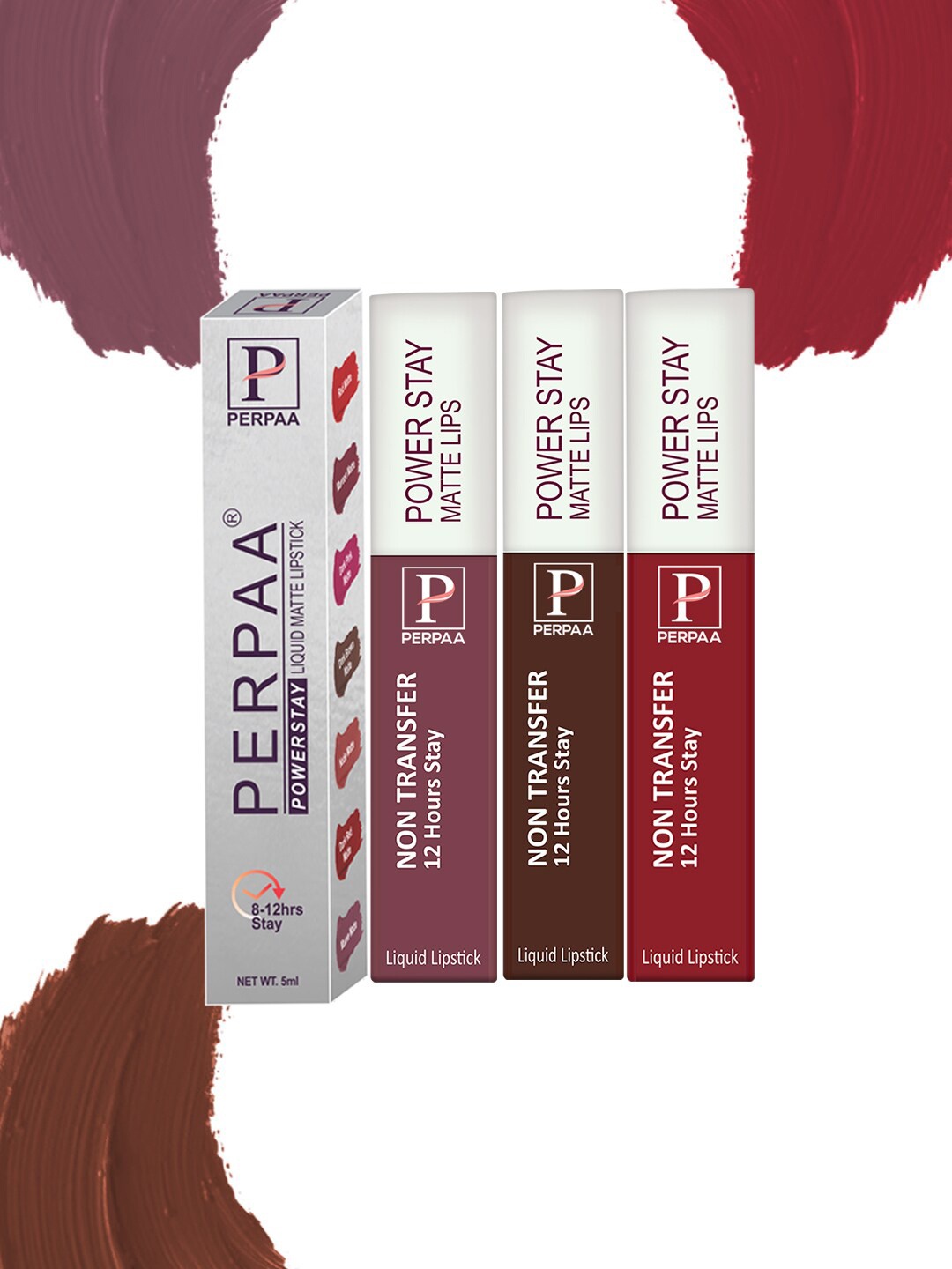 

PERPAA Power Stay Set Of 3 Liquid Matte Lipstick - 5ml Each -Brown-Mauve-Apple Red, Multi