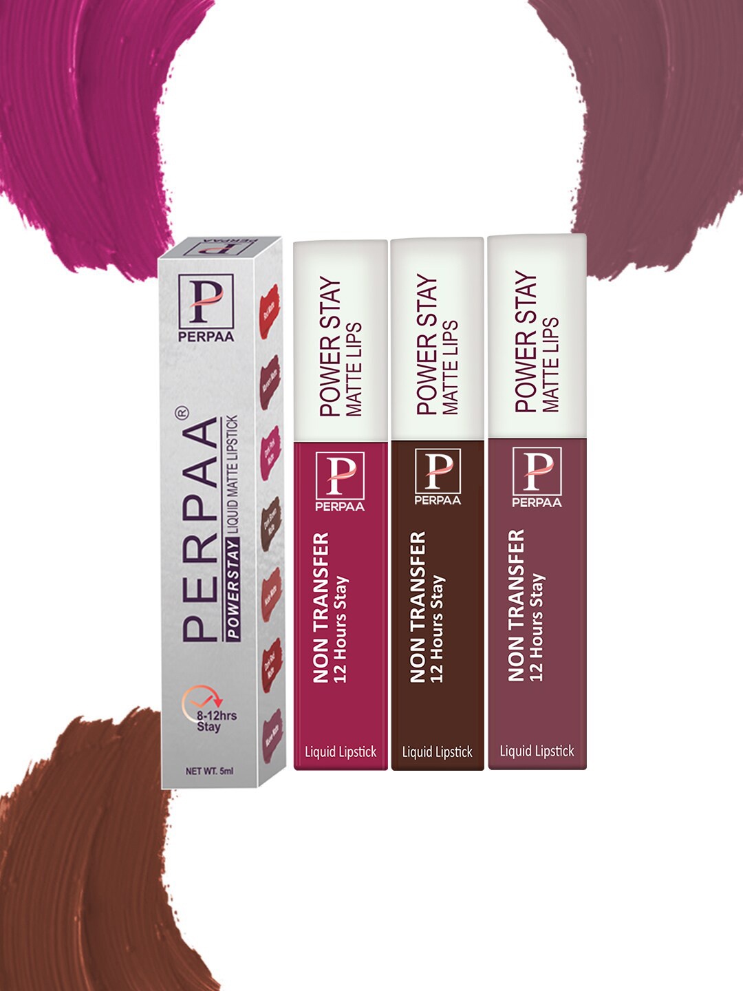 

PERPAA Set Of 3 Power Stay Long Lasting Liquid Matte Lipsticks - 5 ml Each - 10-16-23, Pink