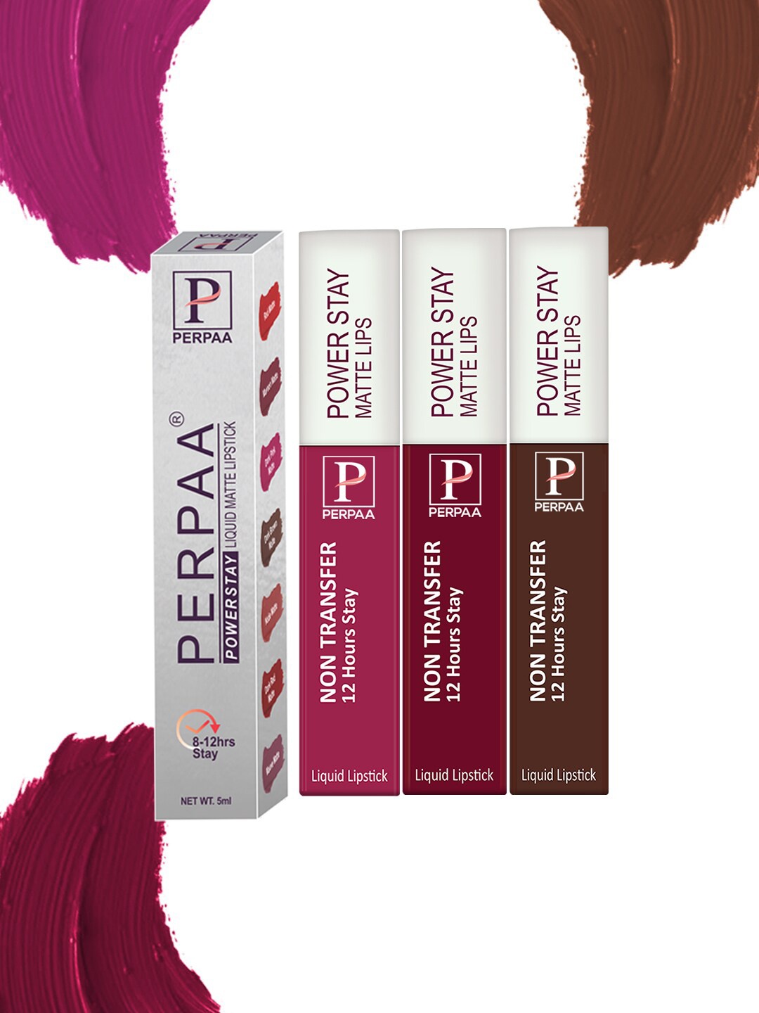 

PERPAA Power Stay Set Of 3 Liquid Matte Lipstick - 5ml Each-Cherry Red-Dark Pink-Brown, Multi