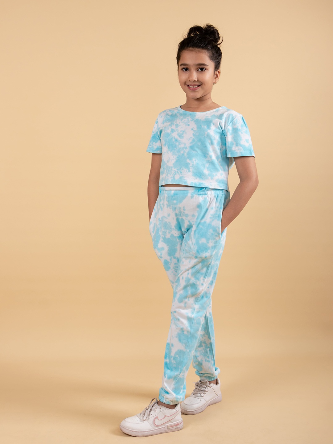 

TWEENY MINI Girls Tie Dye Pure Cotton T-shirt With Joggers Set, Blue