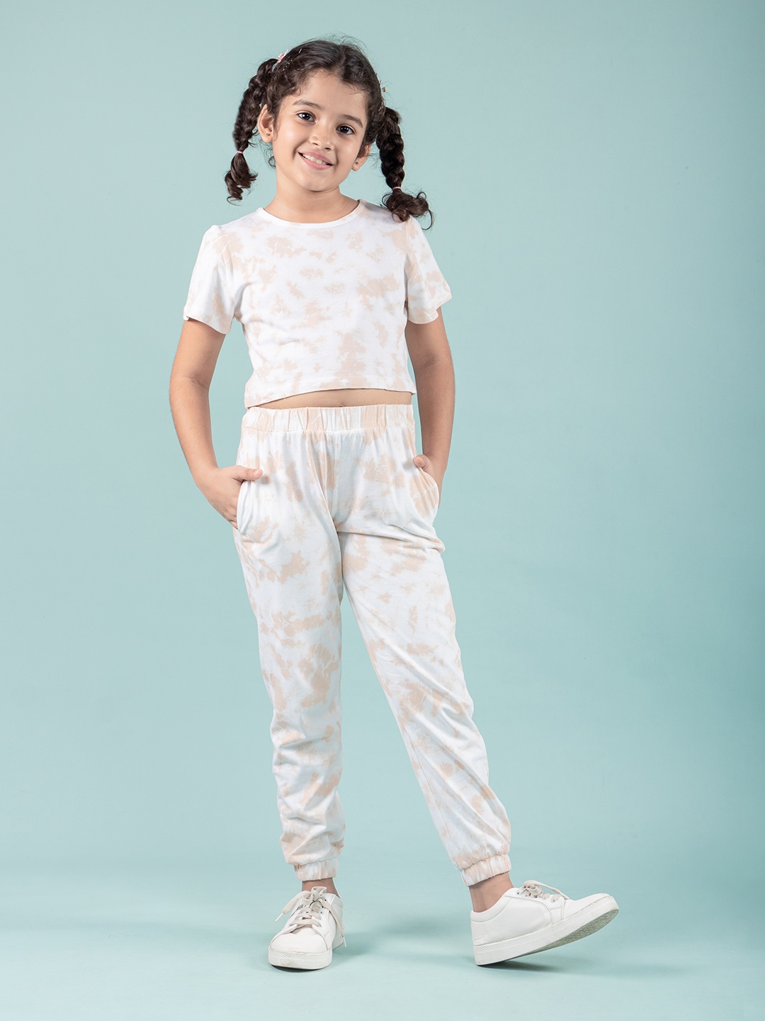 

TWEENY MINI Girls Tie and Dye Dyed Pure Cotton T-shirt with Jogger Set, Beige