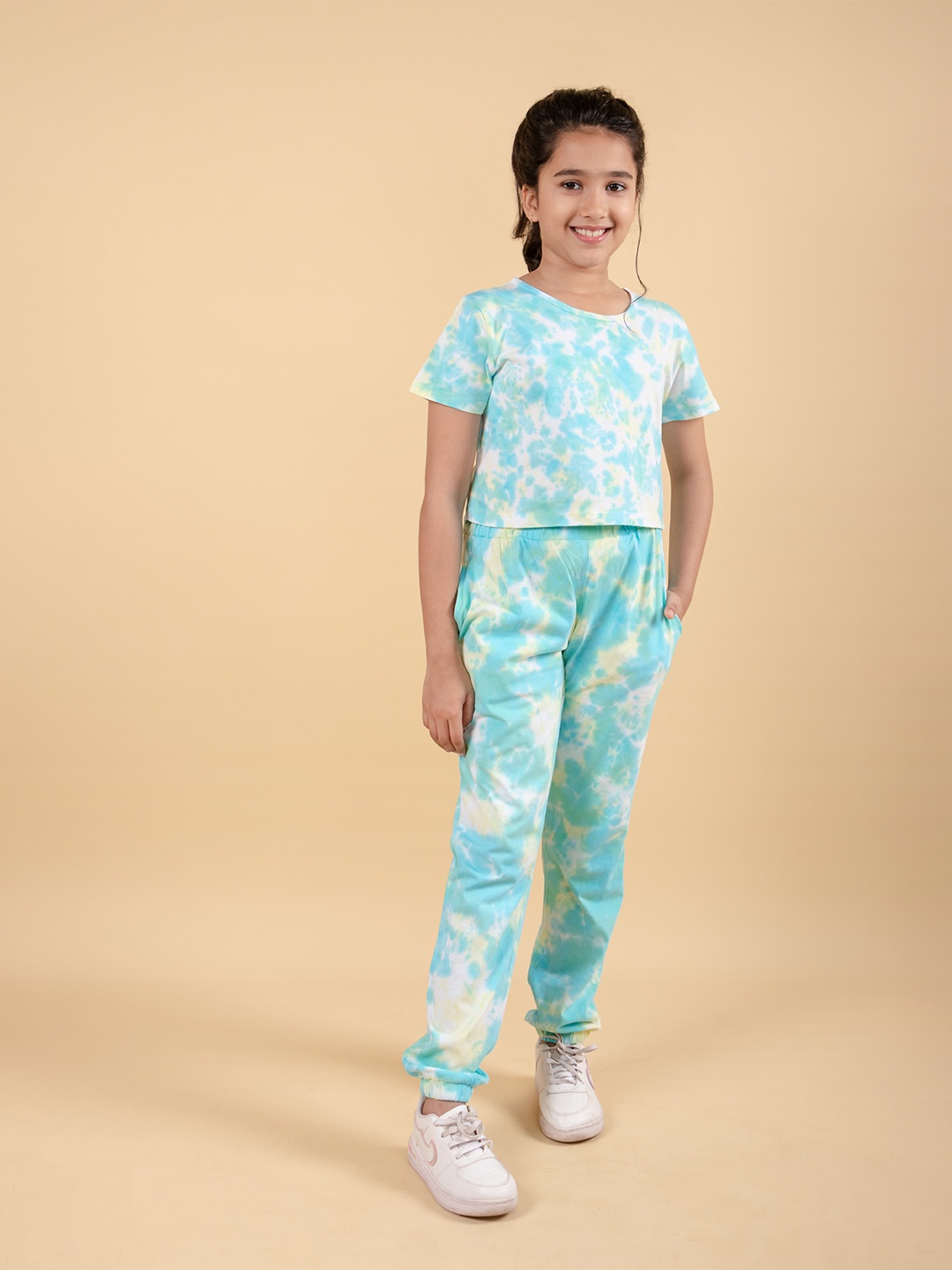 

TWEENY MINI Girls Tie Dye Pure Cotton T-shirt With Joggers Set, Blue