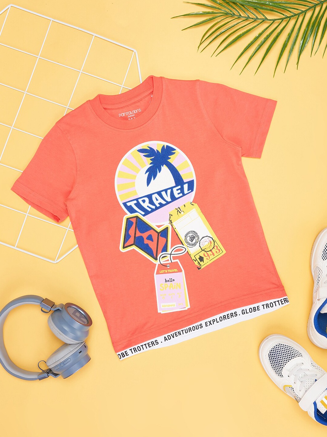 

Pantaloons Junior Boys Graphic Printed Round Neck Cotton Casual T-shirt, Coral