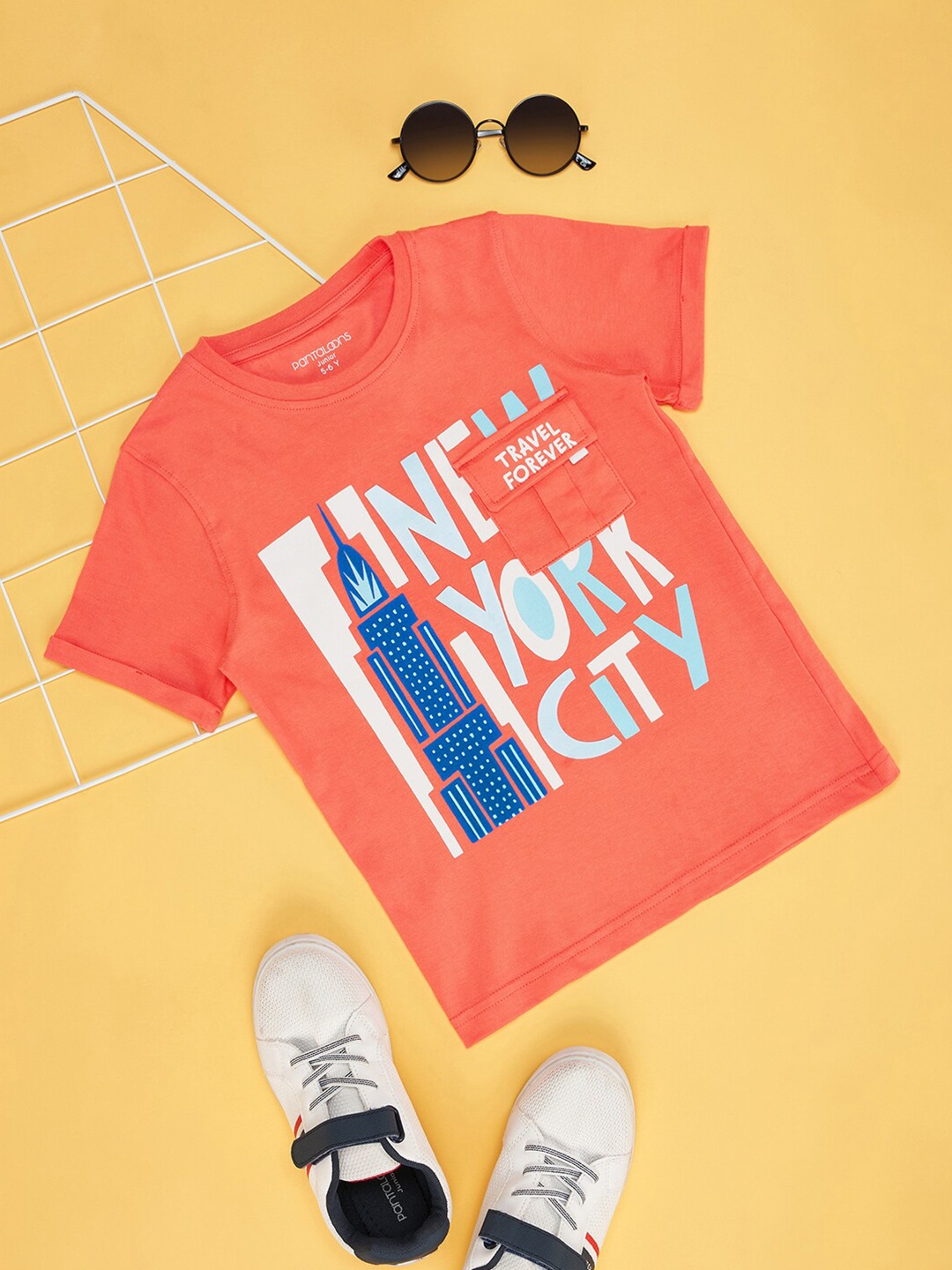 

Pantaloons Junior Boys Graphic Printed Round Neck Cotton Casual T-shirt, Coral