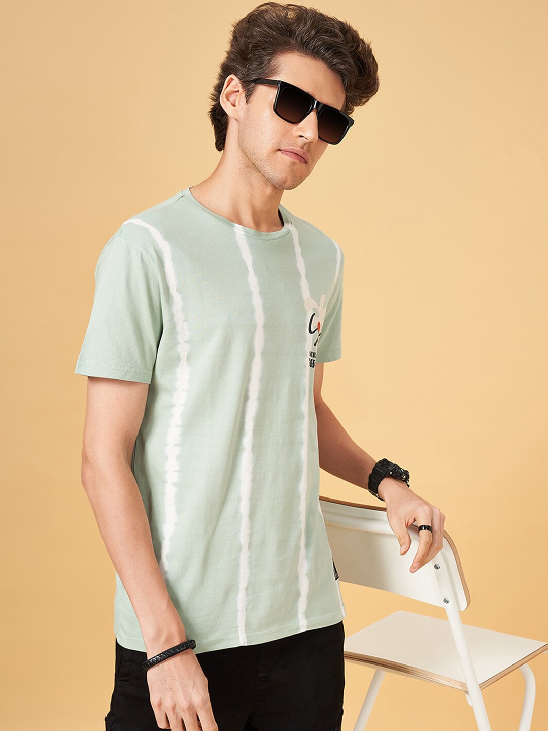 

People Green Tie and Dye Printed Round Neck Slim Fit Casual T-shirt