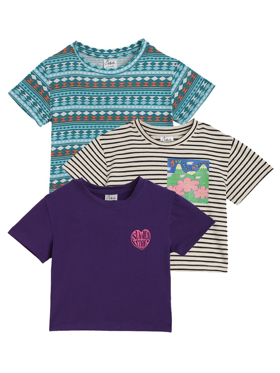 

Anthrilo Girls Pack Of 3 Printed Cotton T-shirts, Purple