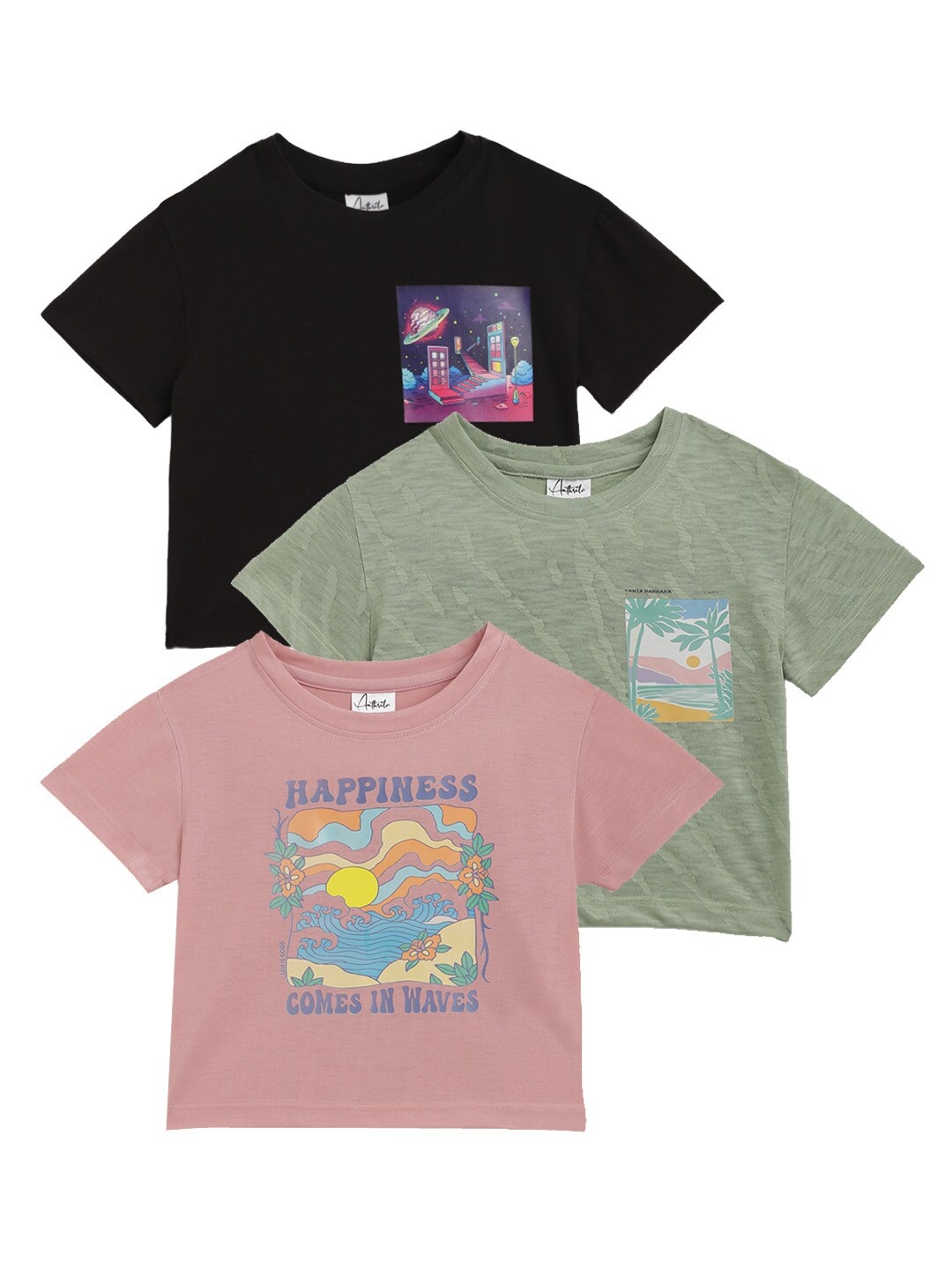 

Anthrilo Girls Pack of 3 Round Neck Graphic Printed T-shirts, Multi
