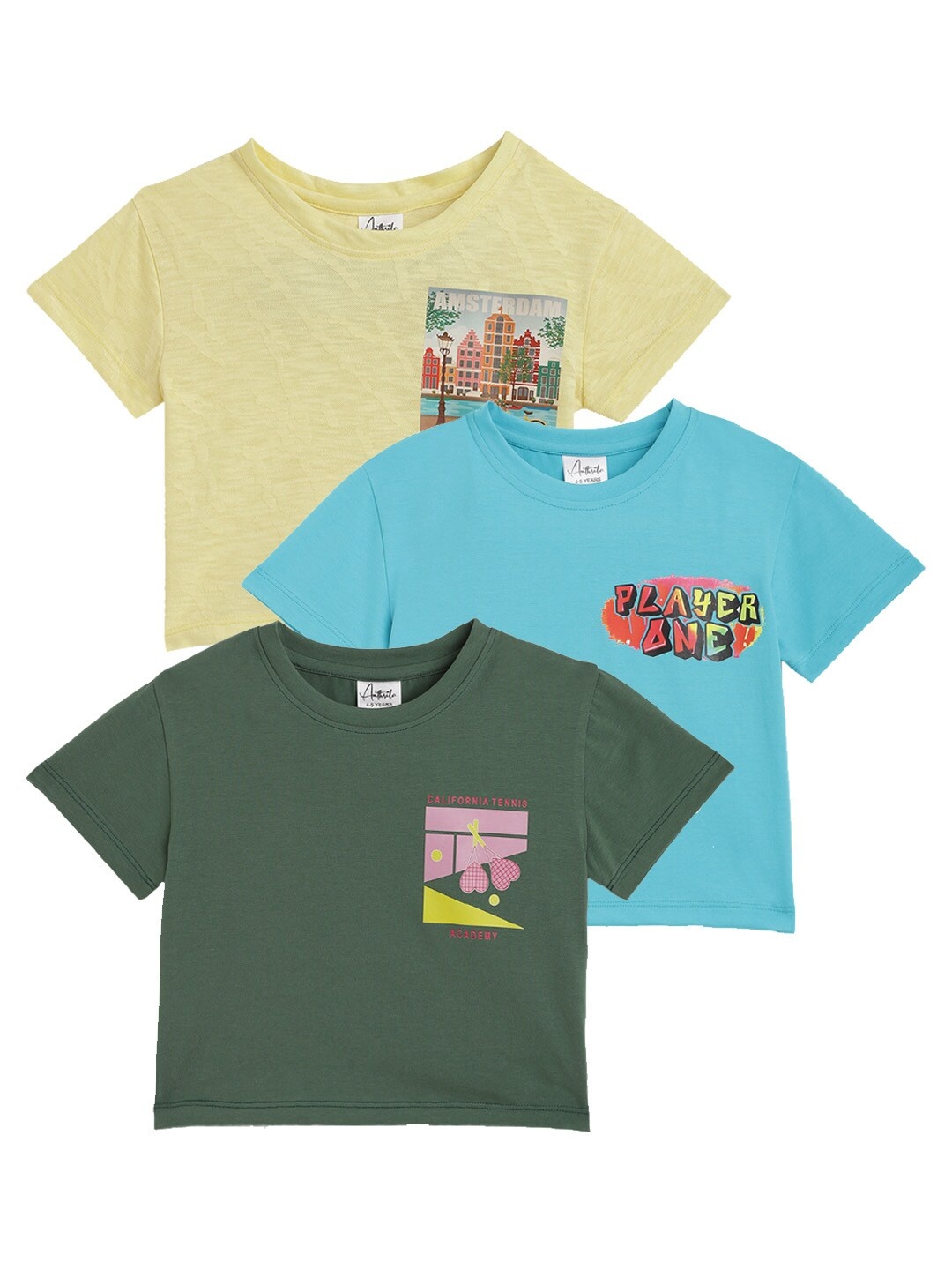 

Anthrilo Girls Pack of 3 Round Neck Graphic Printed T-shirts, Multi