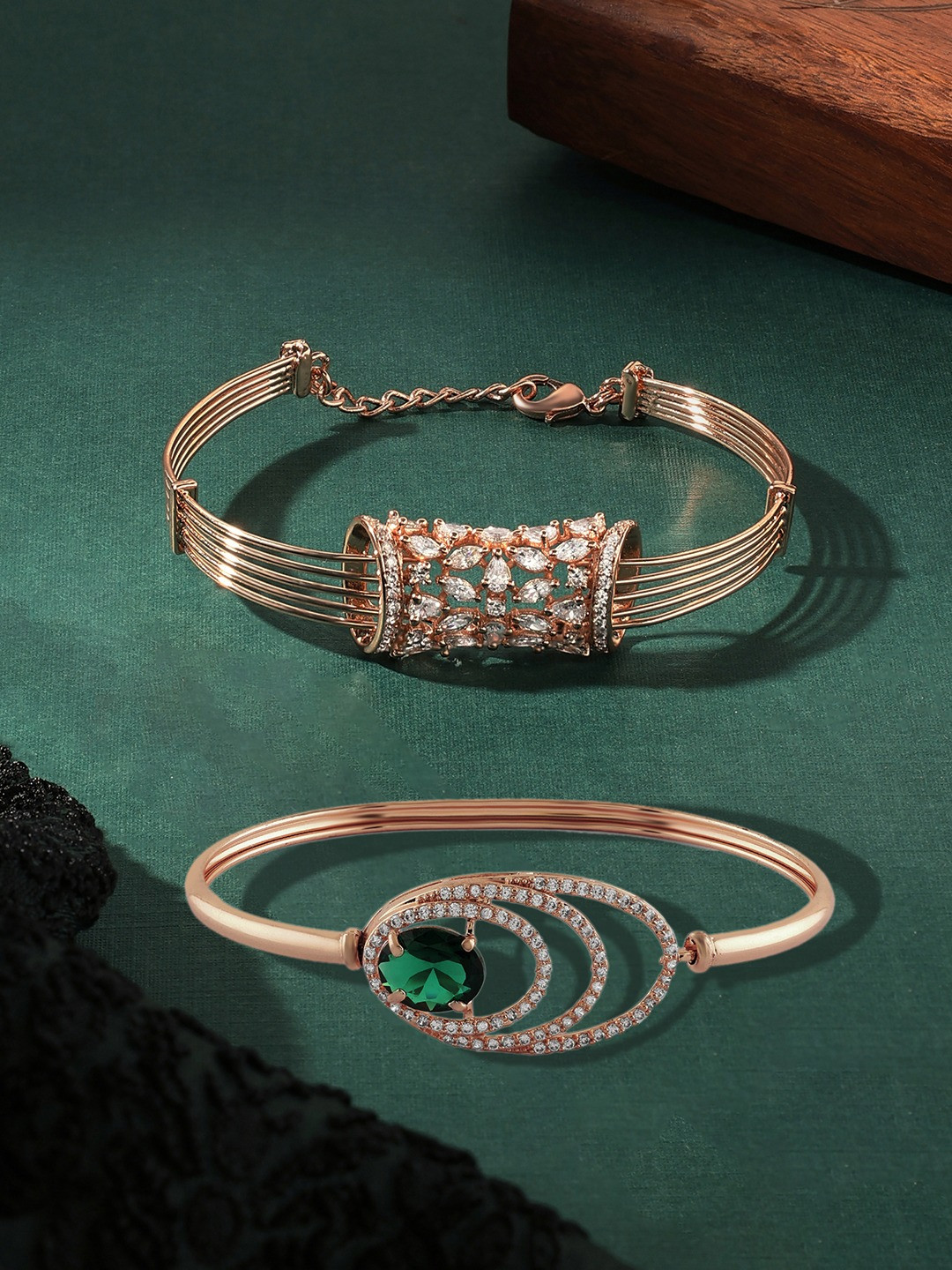 

Zaveri Pearls Set of 2 Rose Gold-Plated Cubic Zirconia Studded Kada Bracelets