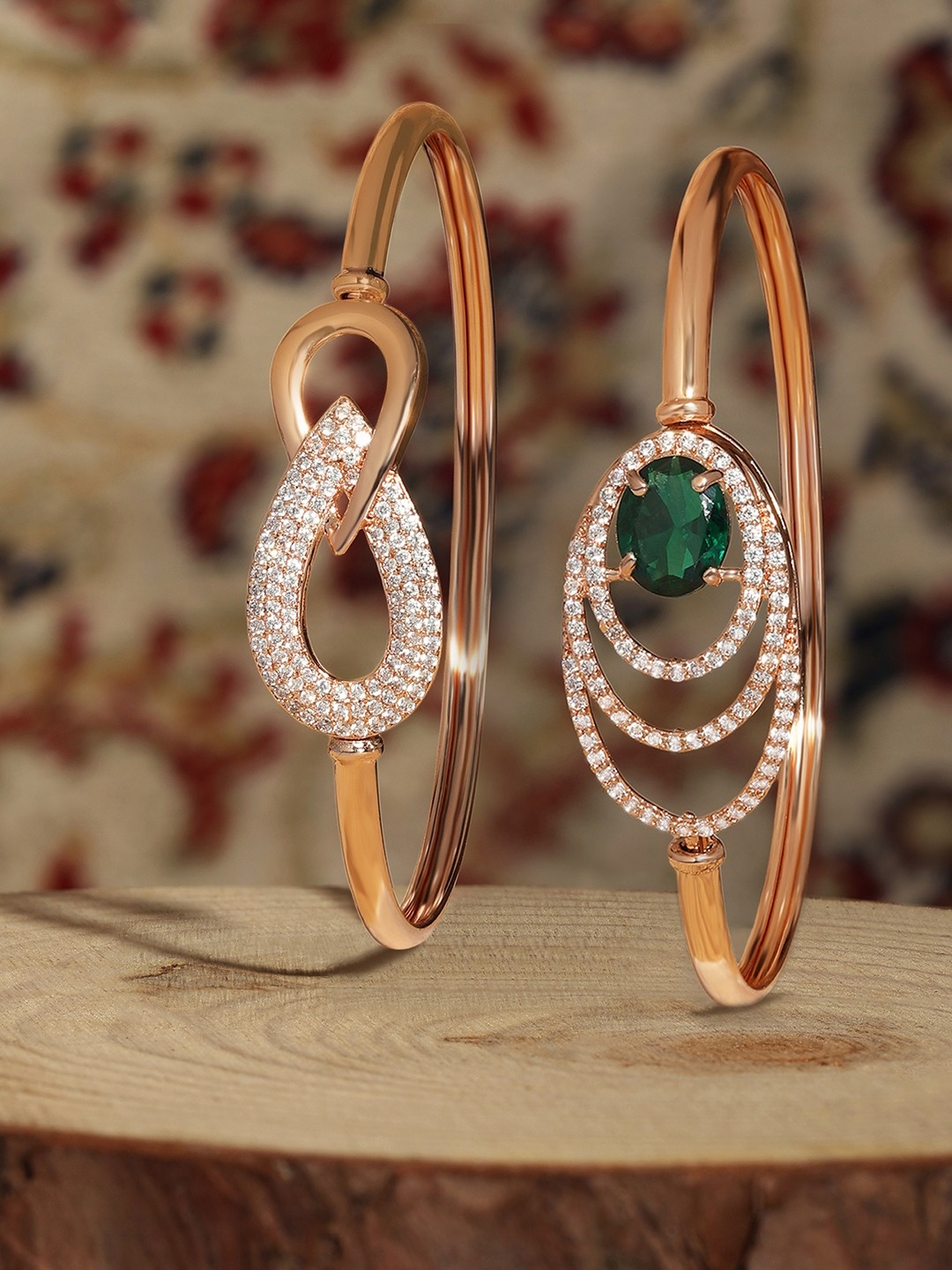

Zaveri Pearls Set of 2 Rose Gold-Plated Cubic Zirconia Studded Kada Bracelets