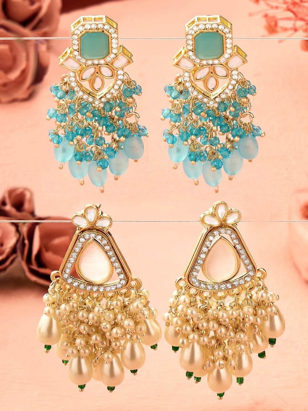 

Zaveri Pearls Set of 2 Contemporary Gold-Plated Drop Earrings, Turquoise blue