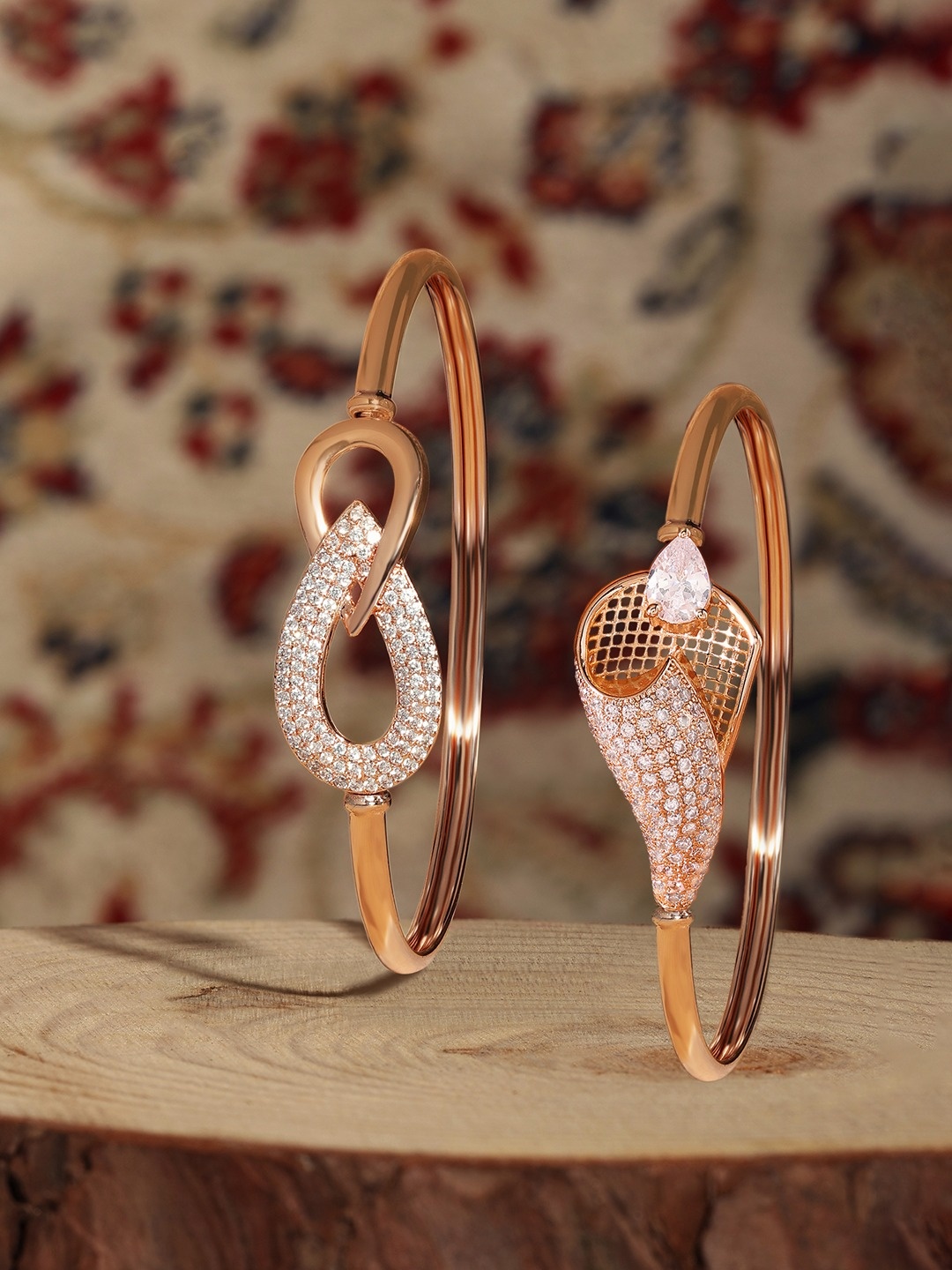 

Zaveri Pearls Set of 2 Rose Gold-Plated Cubic Zirconia Studded Kada Bracelets