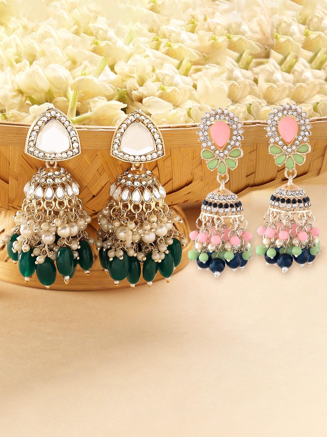 

Zaveri Pearls Set Of 2 Gold Plated Jhumkas, Green