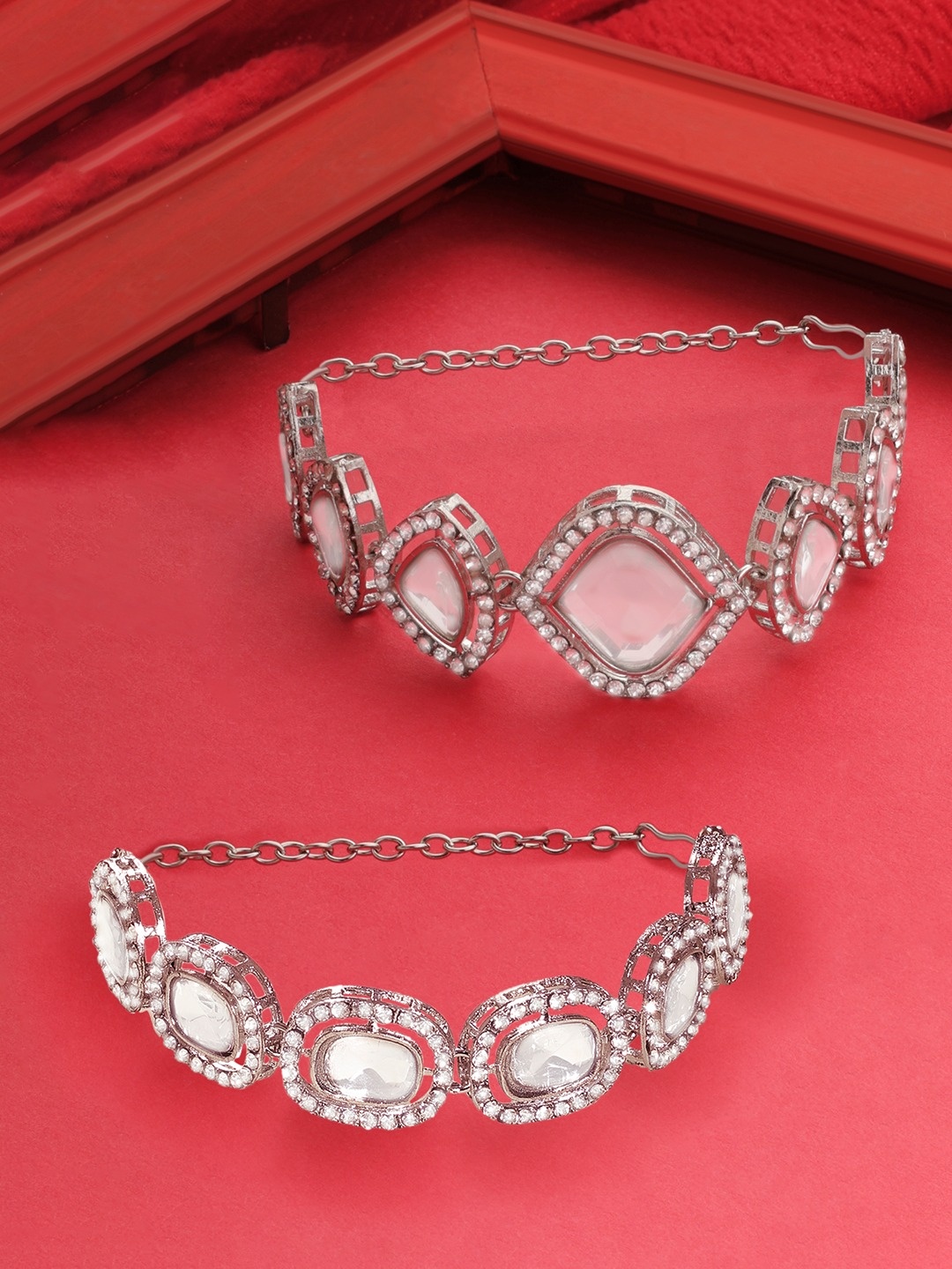 

Zaveri Pearls Set of 2 Silver-Plated Austrian Diamonds Studded Wraparound Bracelets