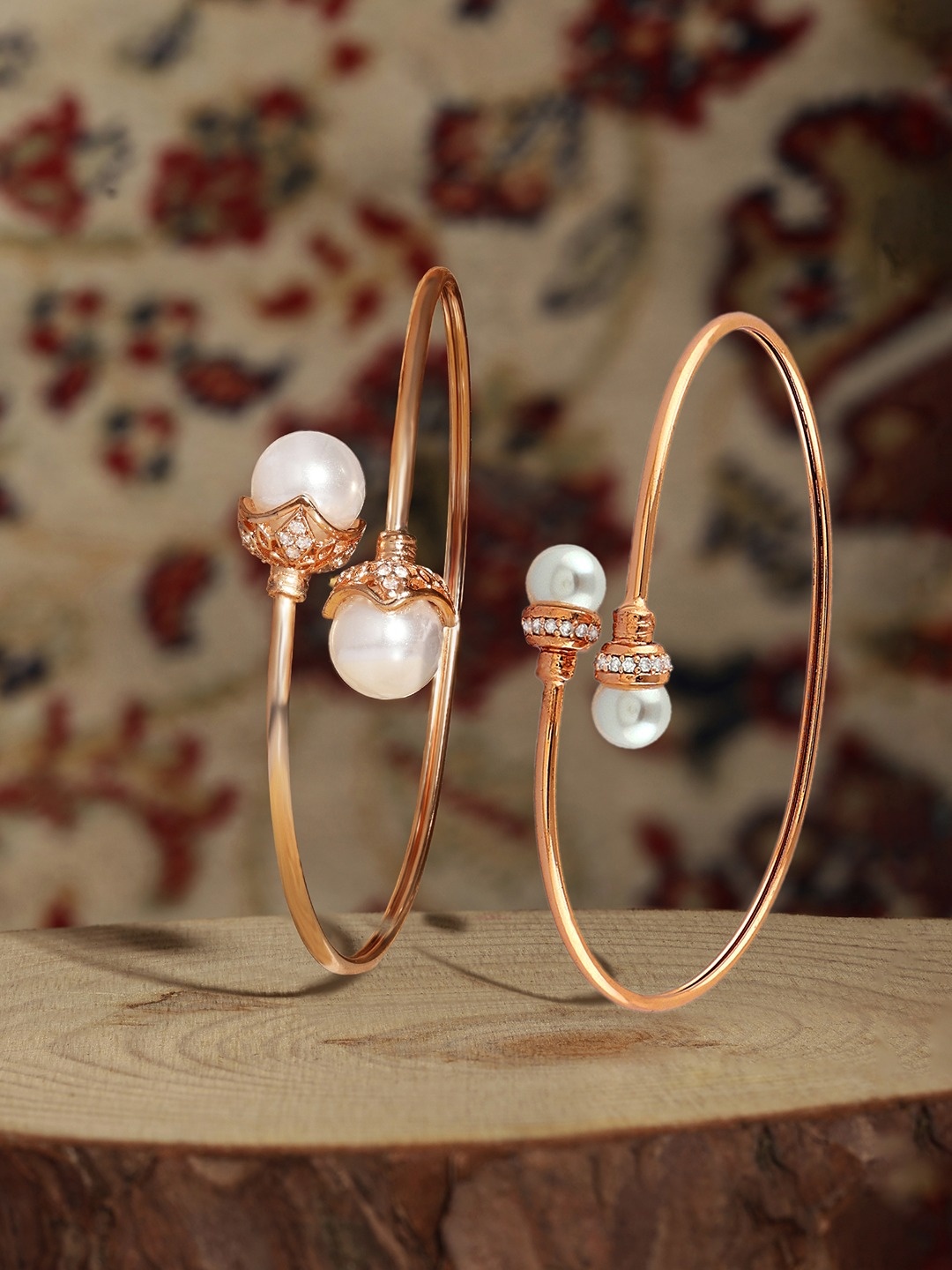 

Zaveri Pearls Set of 2 Rose Gold-Plated Cubic Zirconia Studded Kada Bracelets