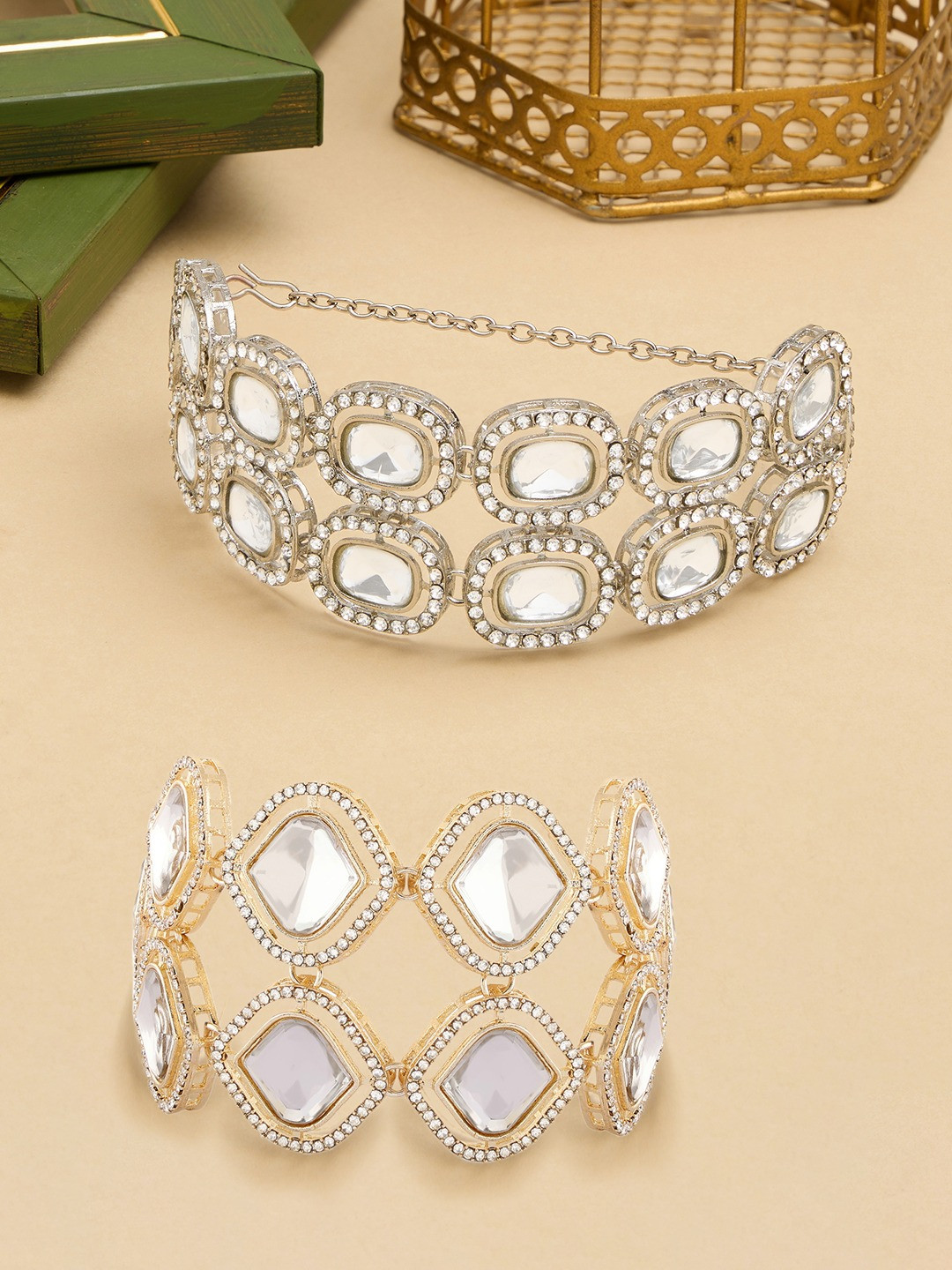 

Zaveri Pearls Set of 2 Gold-Plated Austrian Diamonds Studded Wraparound Bracelets, Silver