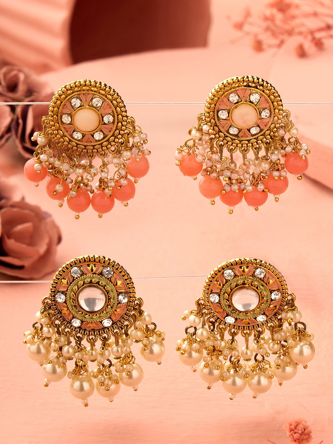 

Zaveri Pearls Set Of 2 Gold-Plated Studded & Beaded Contemporary Studs