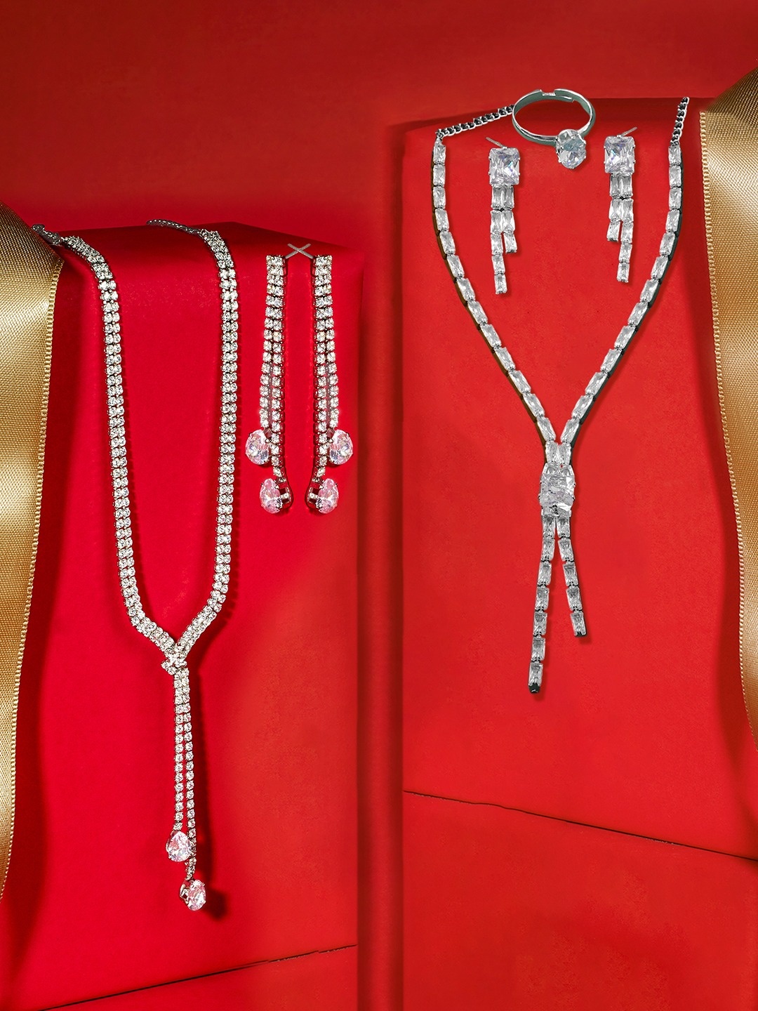 

Zaveri Pearls Set of 2 Silver-Plated Stone Studded Jewellery Sets