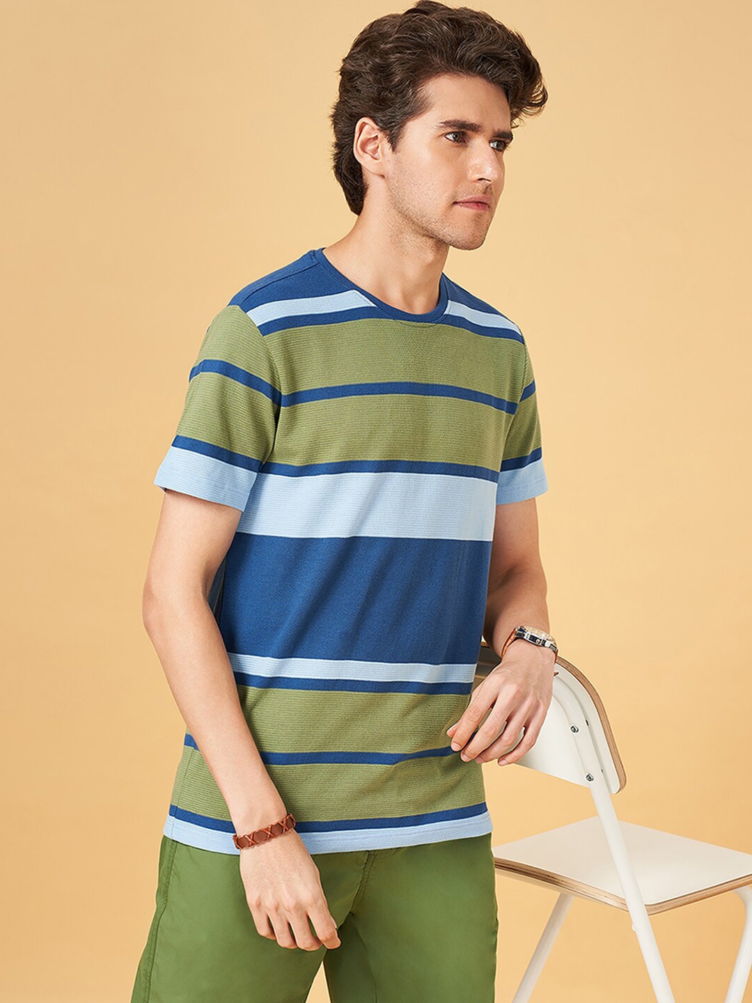 

Urban Ranger by pantaloons Striped Round Neck Slim Fit T-shirt, Blue