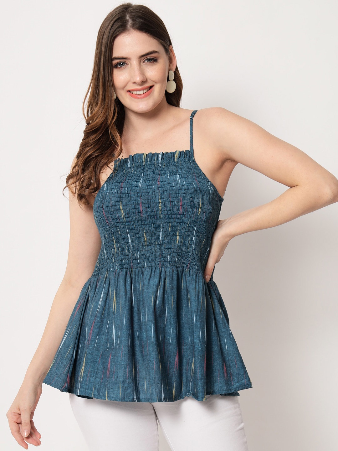 

KALINI Printed Cotton Peplum Top, Blue
