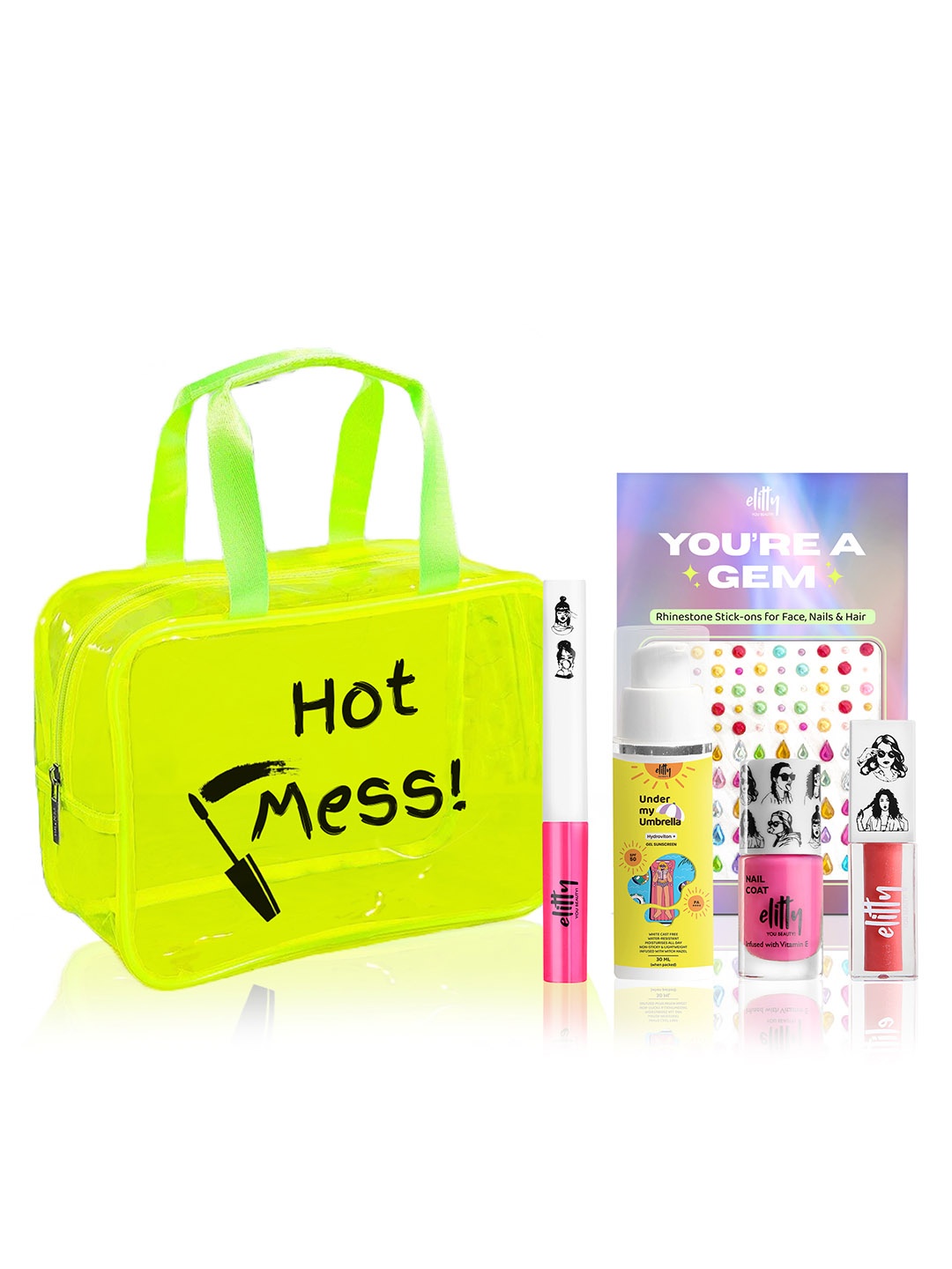 

Elitty Hot Mess Hauler Eyeliner Lip gloss Sunscreen Nail paint Rhinestone With Pouch, Green