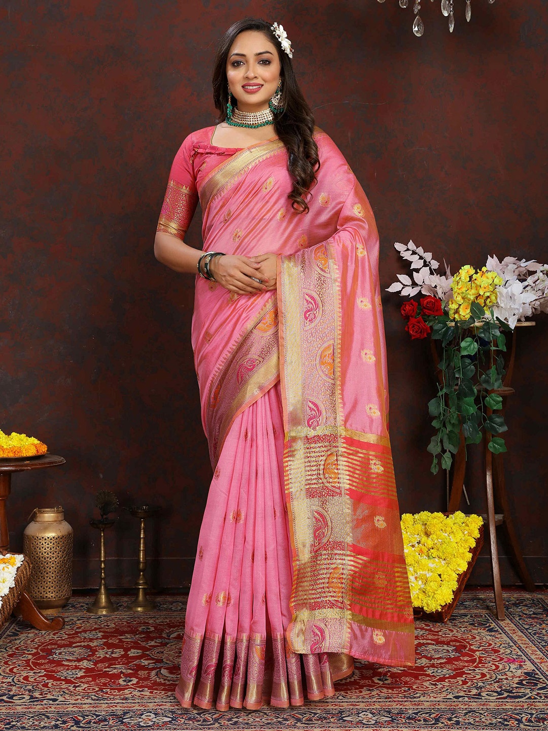 

ZILVIRA Ethnic Motifs Woven Design Zari Organza Banarasi Saree, Pink