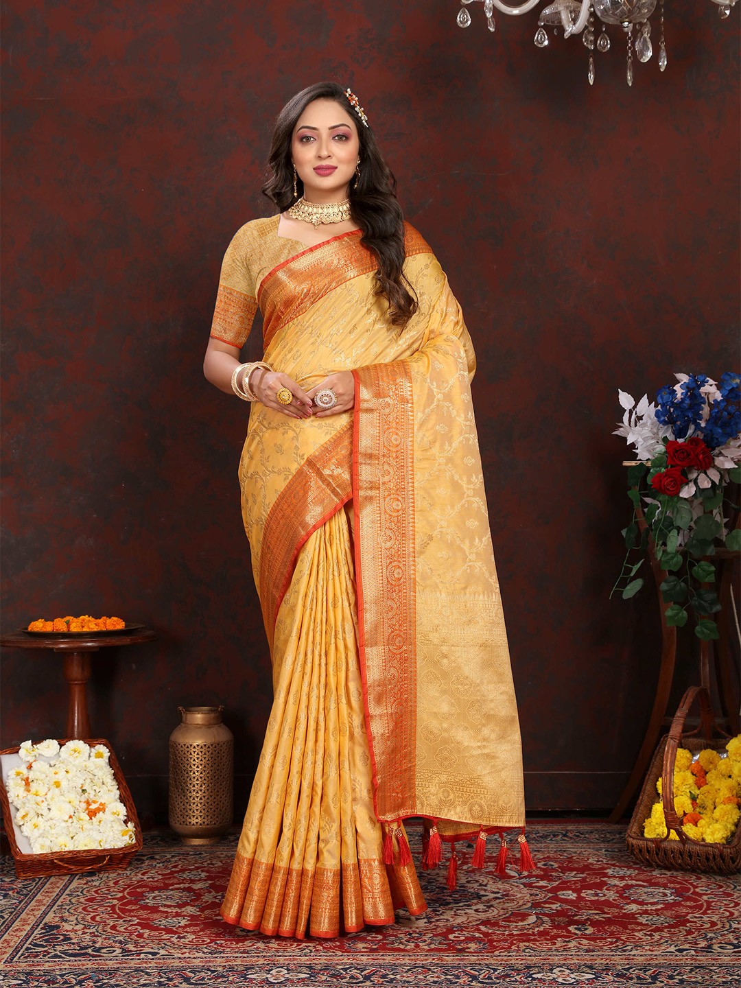 

ZILVIRA Ethnic Motifs Woven Design Zari Banarasi Saree, Yellow