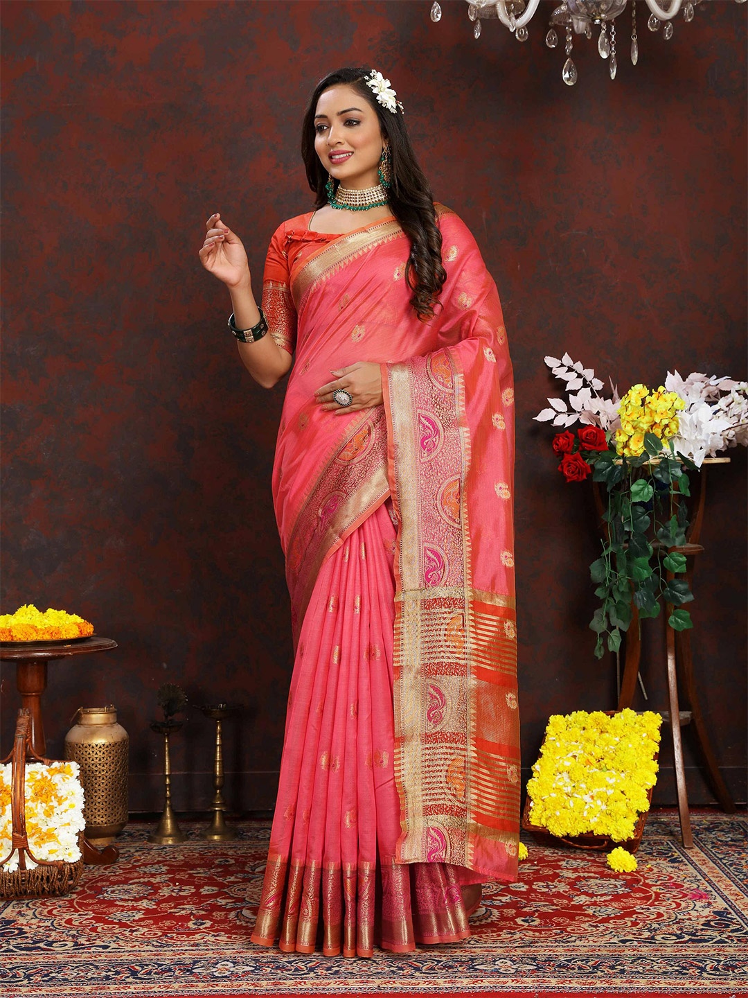 

ZILVIRA Woven Design Zari Organza Banarasi Saree, Rust