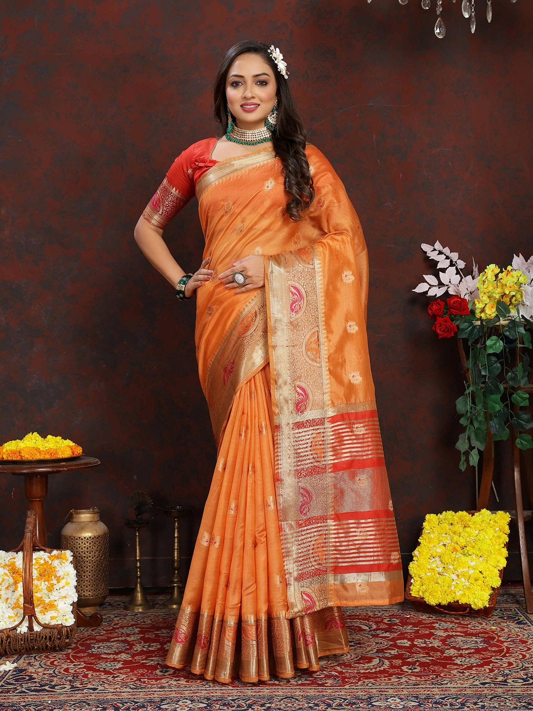 

ZILVIRA Ethnic Motifs Woven Design Zari Organza Banarasi Saree, Orange