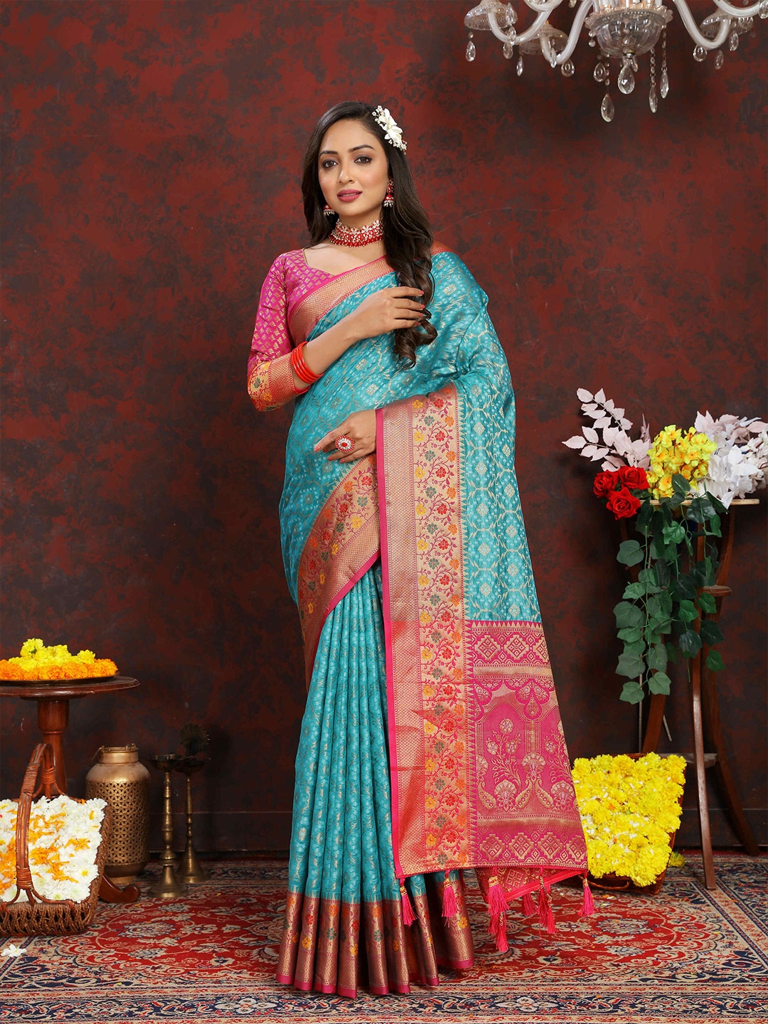 

ZILVIRA Ethnic Motifs Woven Design Zari Organza Patola Saree, Turquoise blue