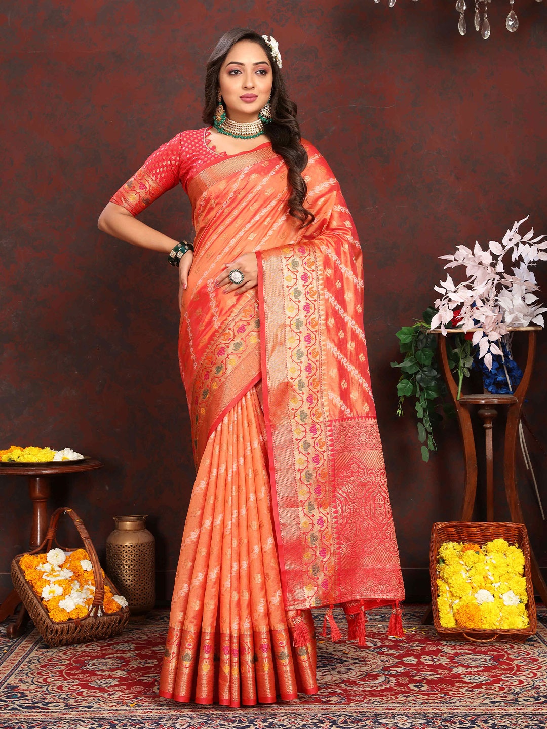 

ZILVIRA Leheriya Woven Design Zari Organza Saree, Orange