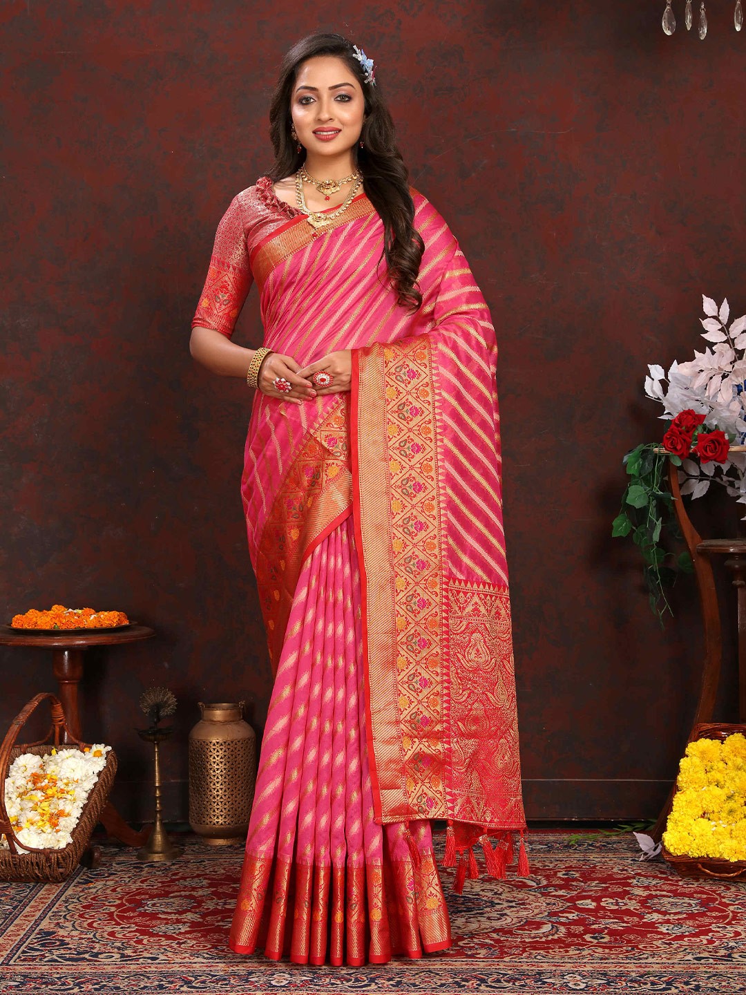 

ZILVIRA Woven Design Zari Organza Leheriya Saree, Rust