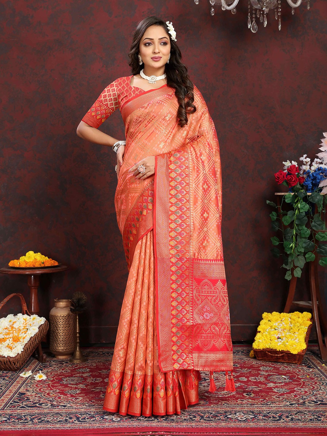 

ZILVIRA Woven Design Zari Organza Patola Saree, Orange