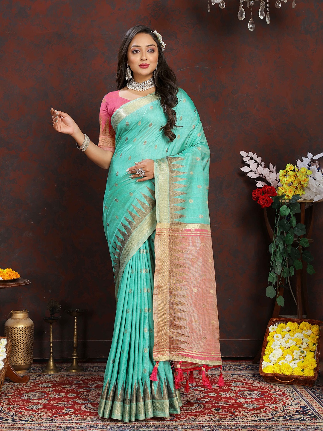 

ZILVIRA Woven Design Zari Banarasi Saree, Turquoise blue