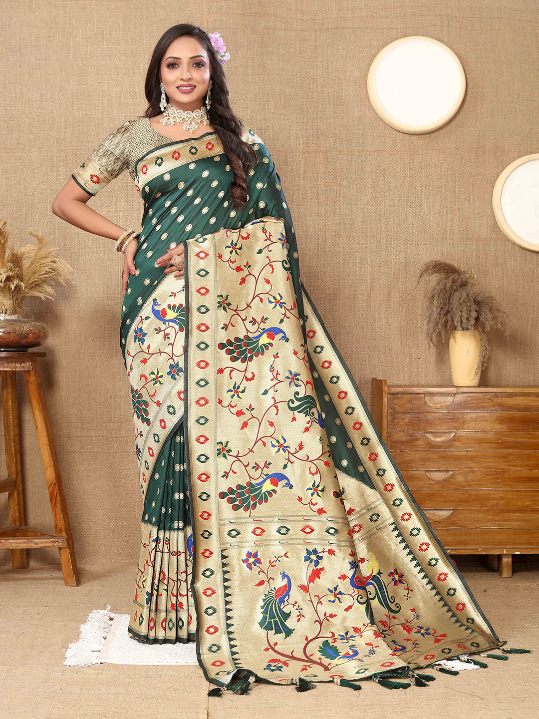 

ZILVIRA Polka Dots Woven Design Zari Pure Silk Paithani Saree, Green