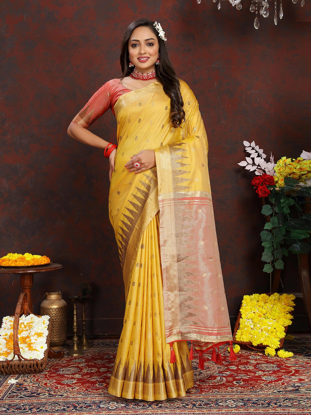 

ZILVIRA Ethnic Motifs Woven Design Zari Banarasi Saree, Yellow