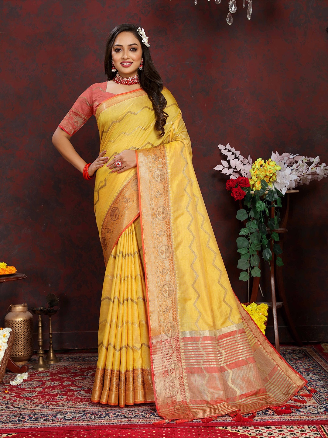 

ZILVIRA Ethnic Motifs Woven Design Zari Leheriya Saree, Yellow