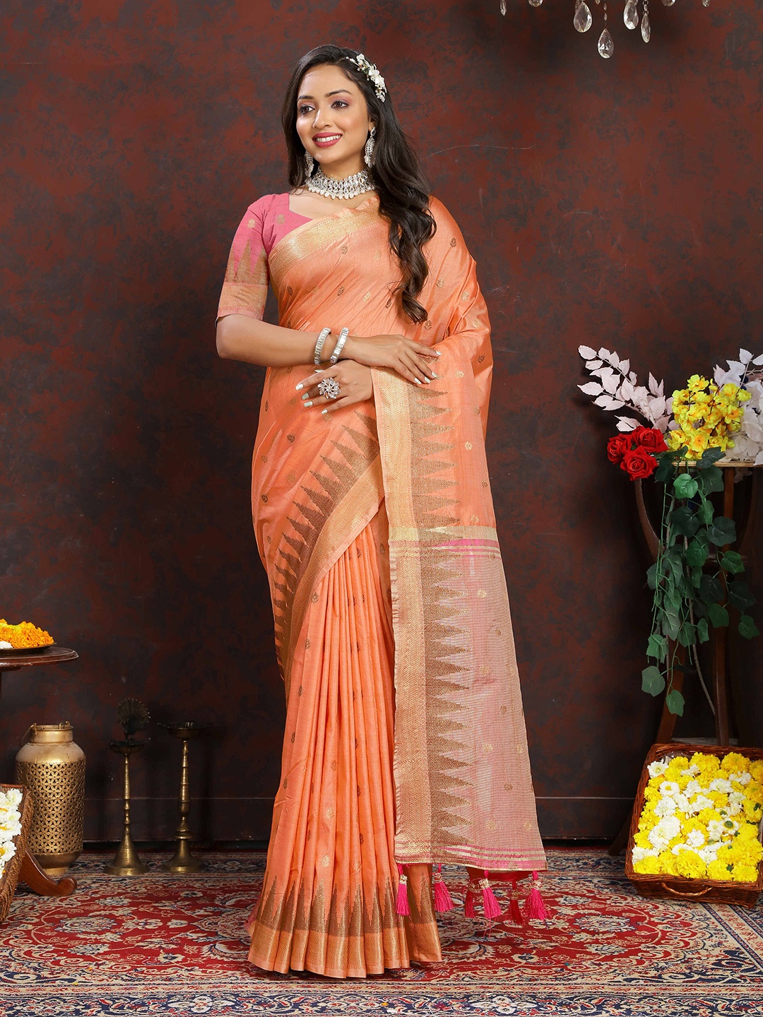 

ZILVIRA Woven Design Zari Silk Blend Banarasi Saree, Orange