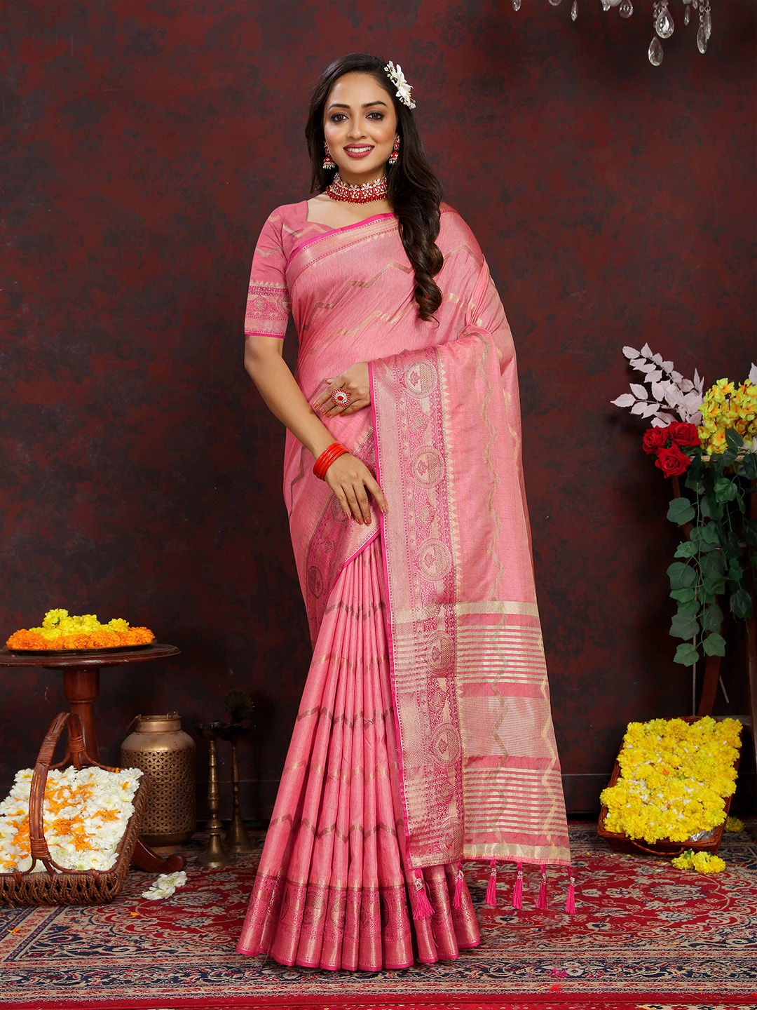 

ZILVIRA Ethnic Motifs Woven Design Zari Leheriya Saree, Pink