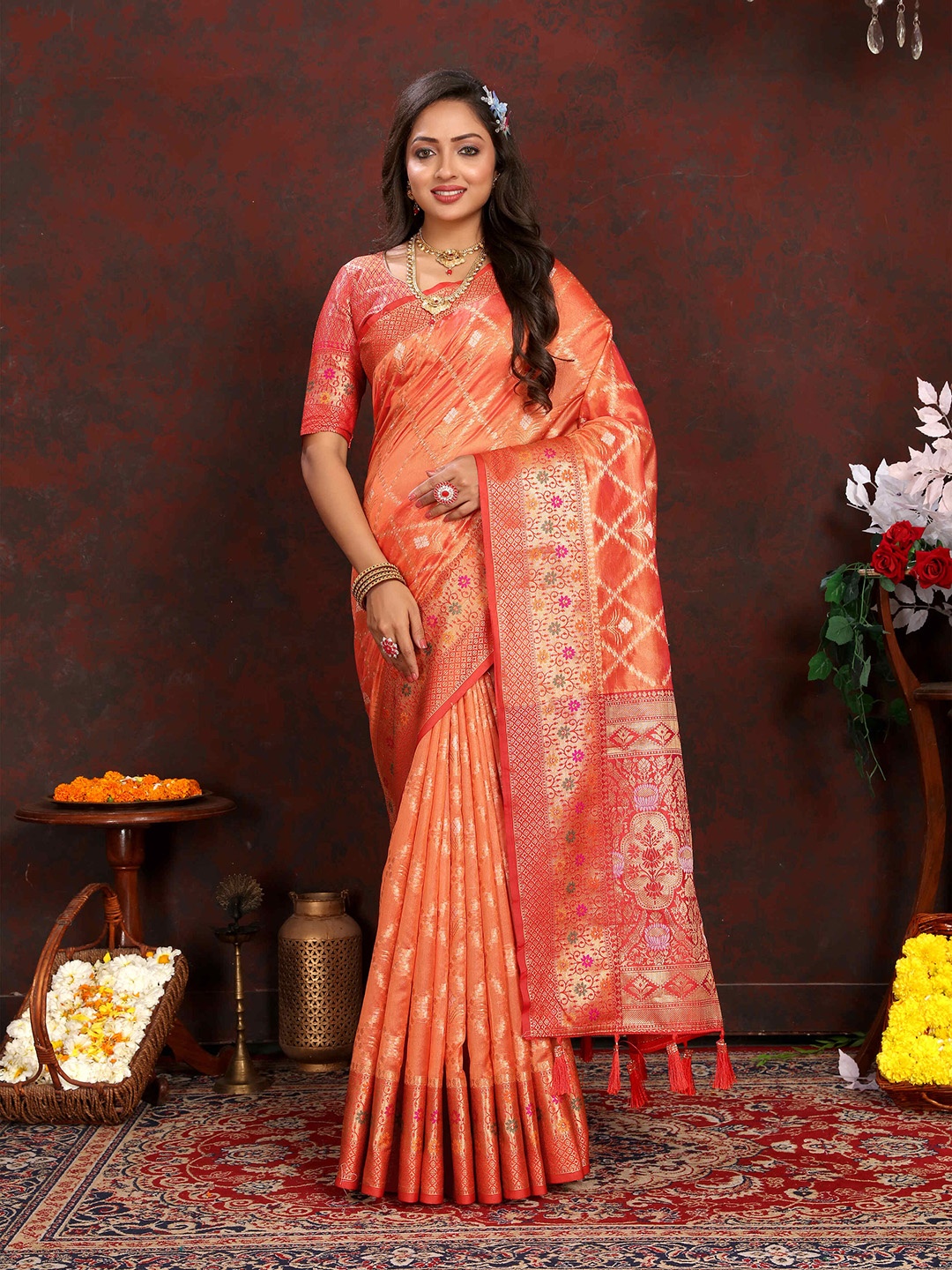 

ZILVIRA Woven Design Zari Organza Banarasi Saree With Tassels, Orange