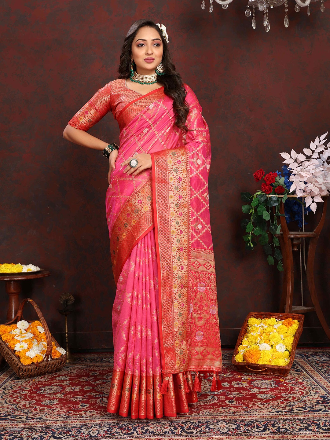 

ZILVIRA Ethnic Motifs Zari Organza Banarasi Saree, Pink