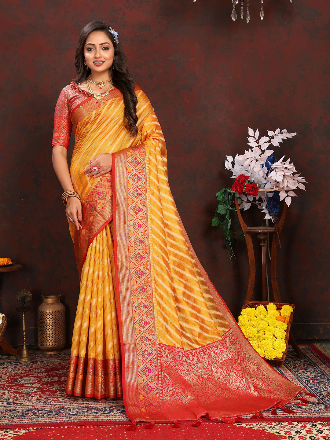 

ZILVIRA Woven Design Zari Organza Leheriya Saree, Yellow
