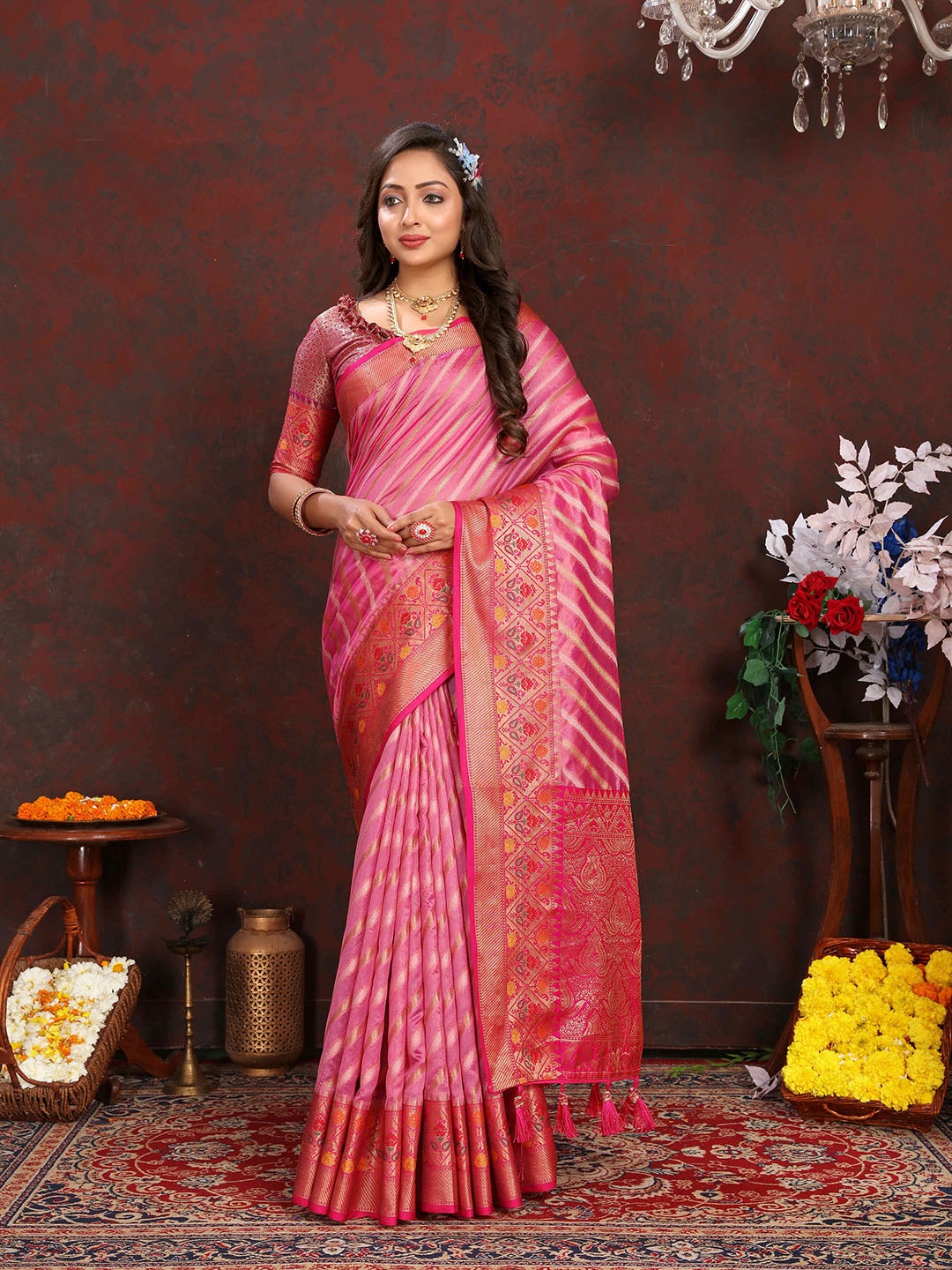 

ZILVIRA Woven Design Zari Organza Leheriya Saree, Pink