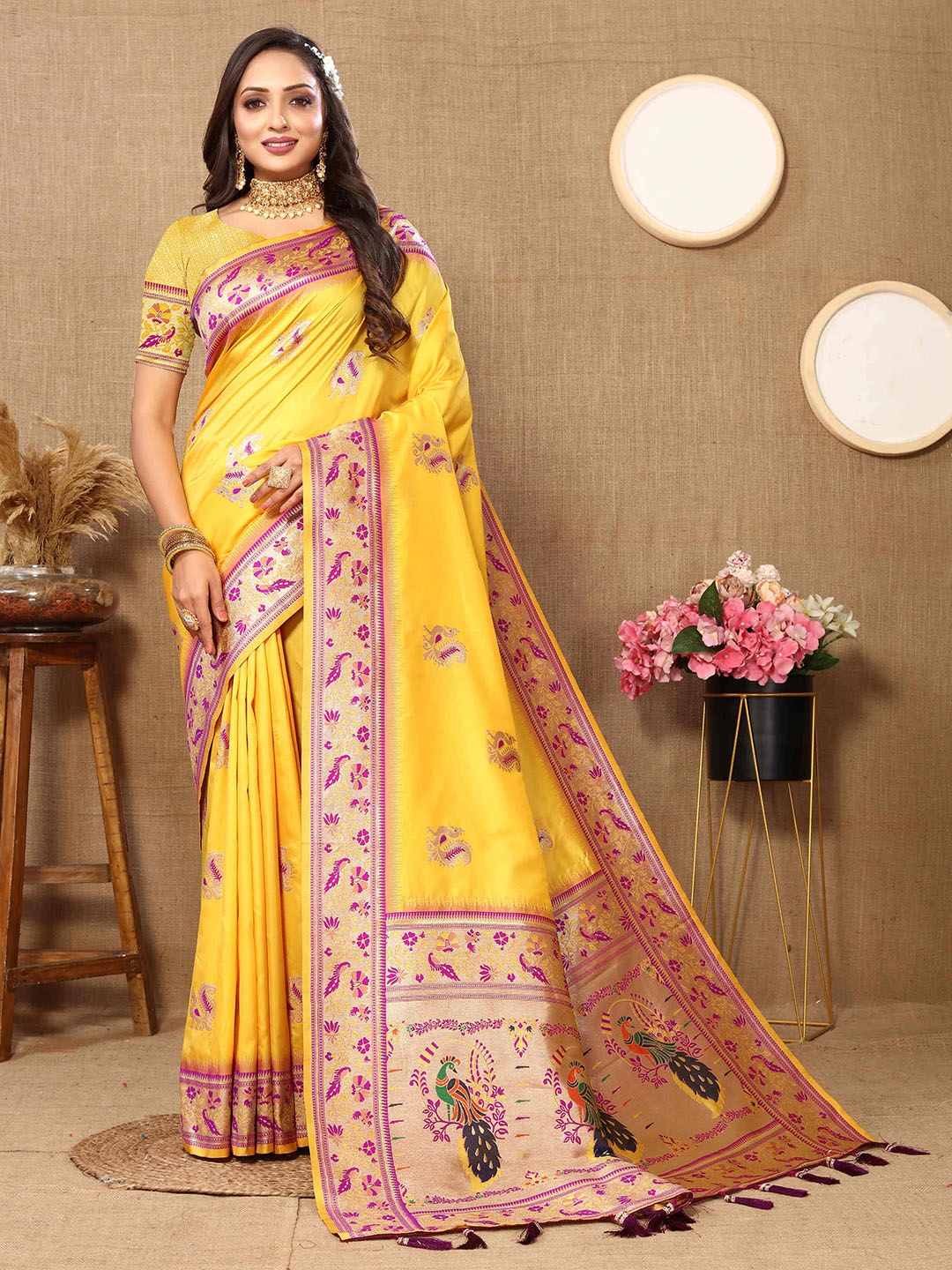 

ZILVIRA Woven Design Zari Pure Silk Paithani Saree, Yellow