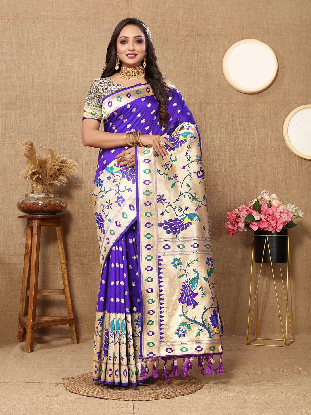 

ZILVIRA Ethnic Motifs Zari Pure Silk Paithani Saree, Blue