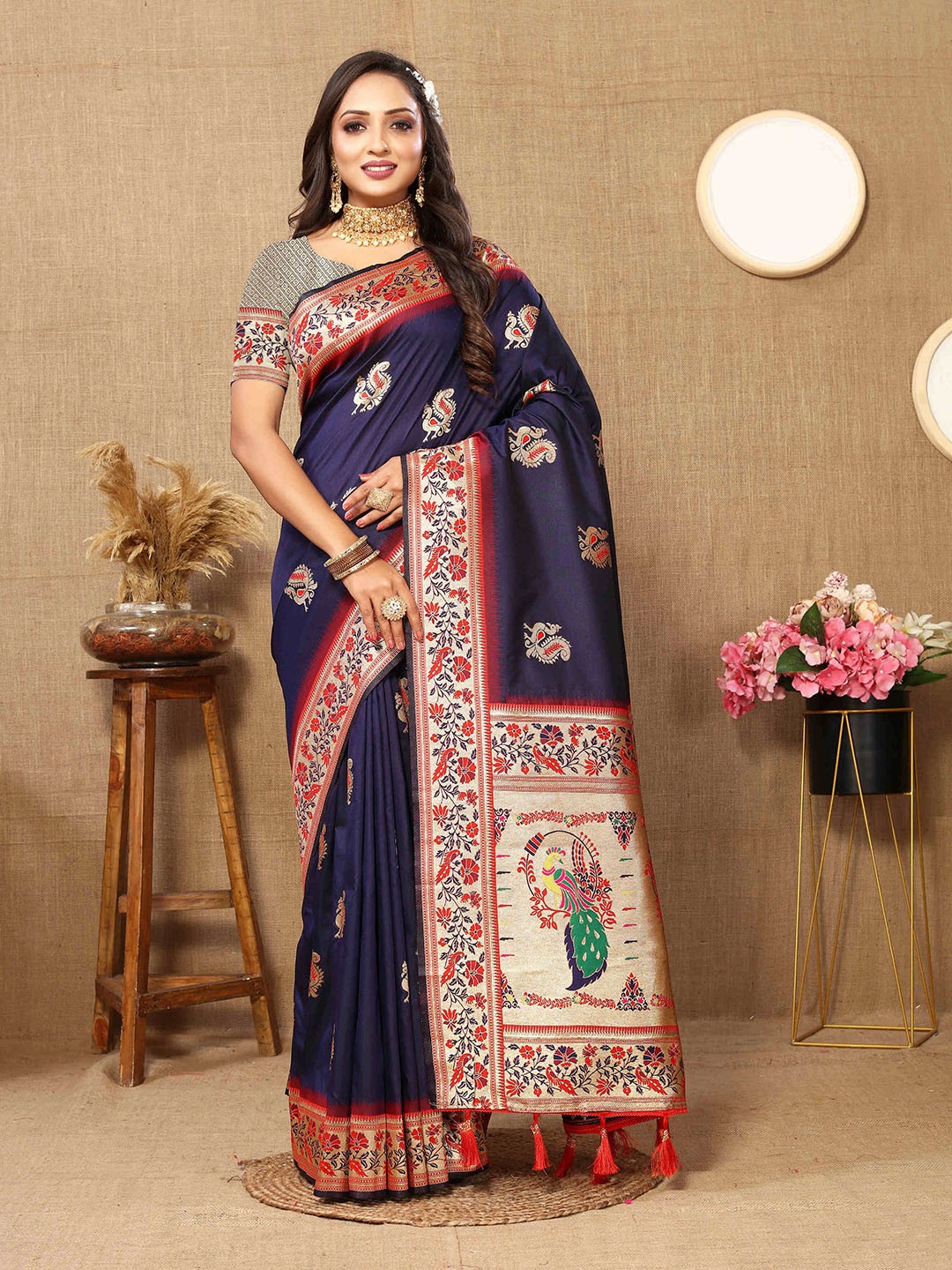 

ZILVIRA Ethnic Motifs Woven Design Zari Pure Silk Paithani Saree, Navy blue