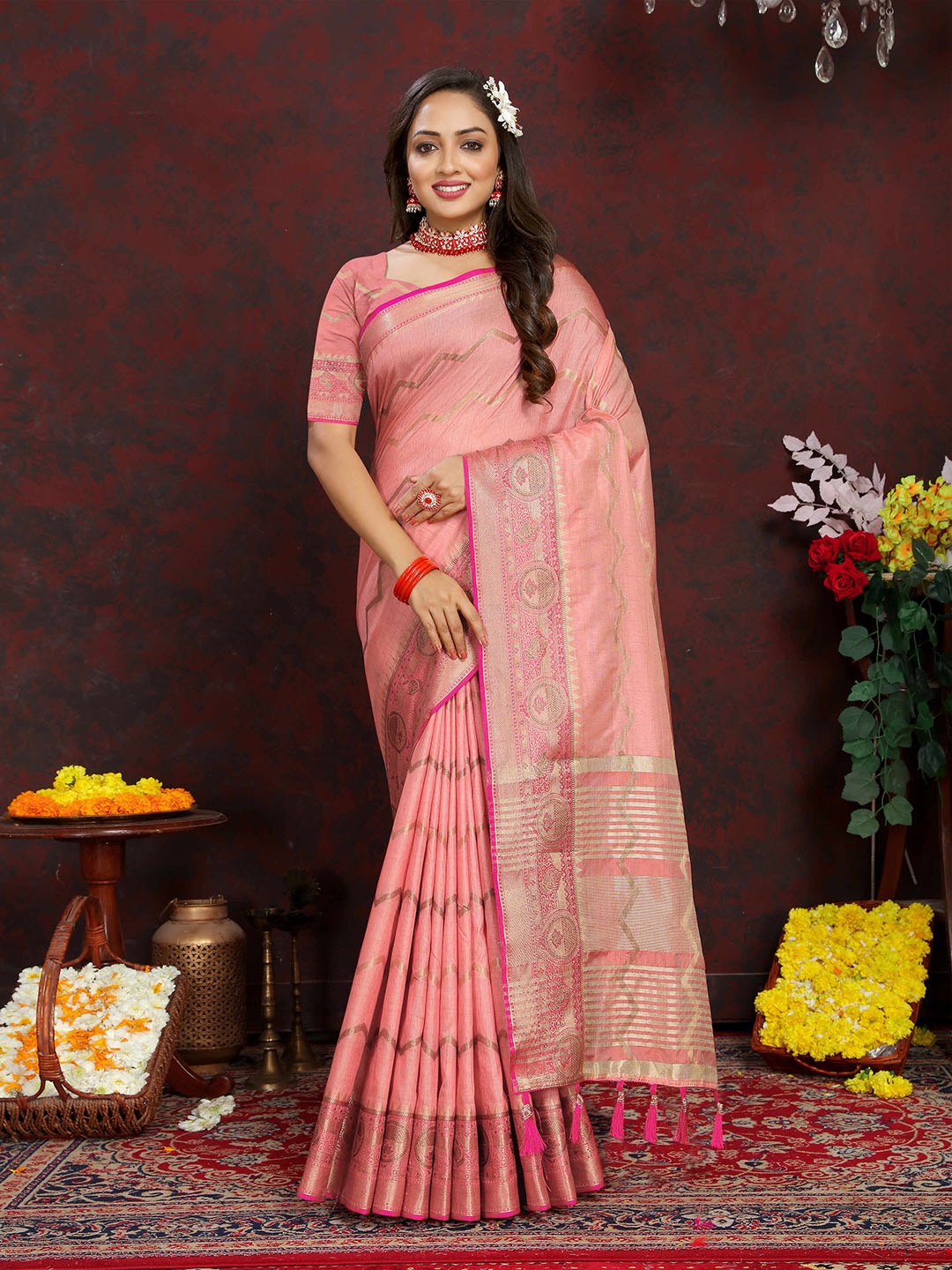 

ZILVIRA Woven Design Zari Silk Leheriya Saree, Peach