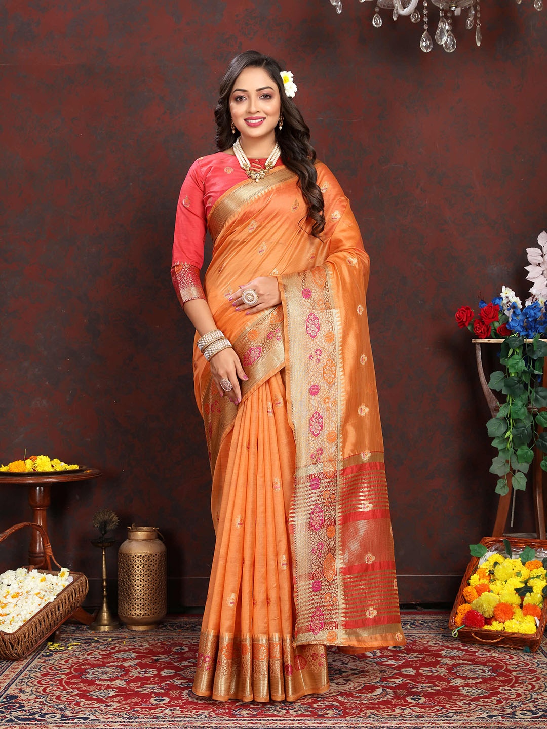 

ZILVIRA Ethnic Motifs Woven Design Zari Organza Banarasi Saree, Orange