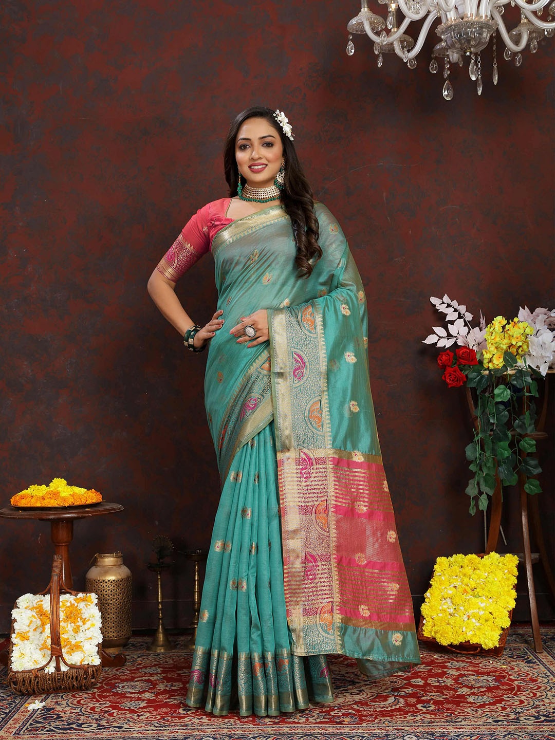 

ZILVIRA Ethnic Motifs Woven Design Zari Organza Banarasi Saree, Turquoise blue