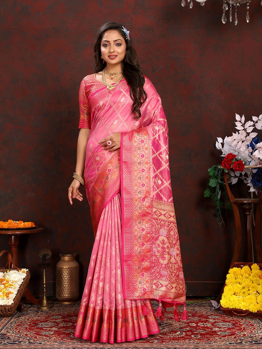 

ZILVIRA Ethnic Motifs Woven Design Zari Organza Banarasi Saree, Pink